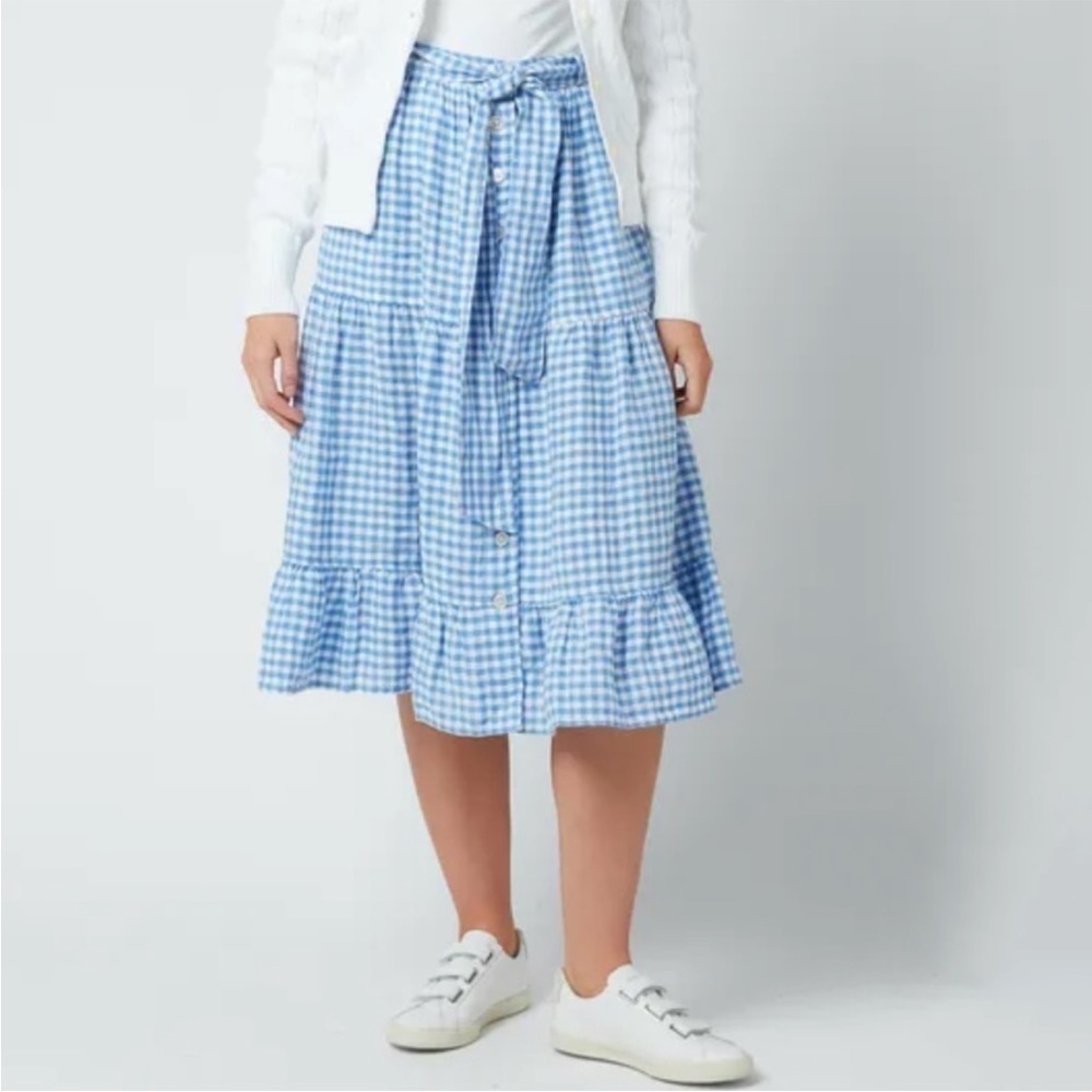 NWT Polo Ralph Lauren Linen Gingham Tiered Midi Skirt Blue/White - Picture 4 of 9